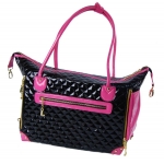 Black quilted faux leather dog bag with pink trim